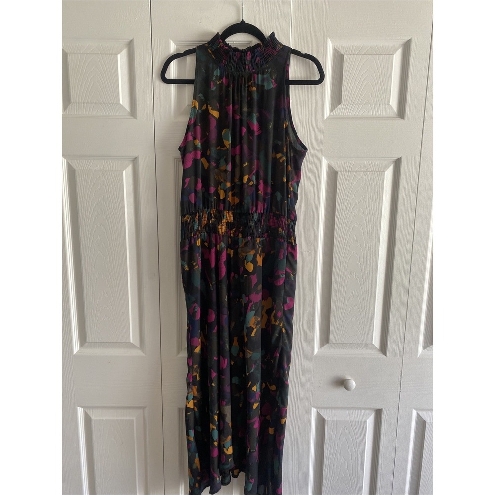 Peyton Jensen Abstract Smocked Maxi Dress Womens Size L Black Multi Sleeveless